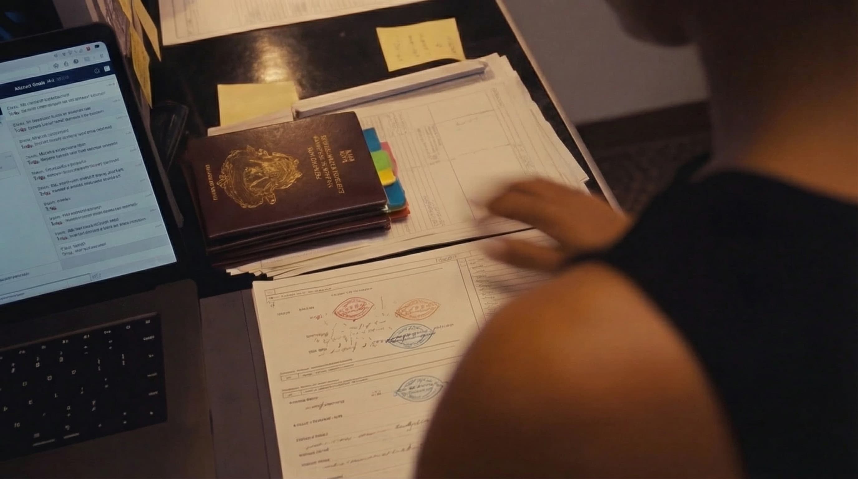 Crew reviewing port clearance documents at desk