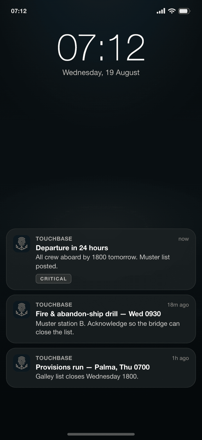 Phone lock screen with TouchBase notices from the vessel: departure, drill and provisions run