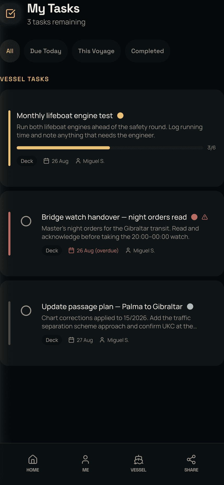 TouchBase My Tasks screen: tasks assigned from the vessel with due dates