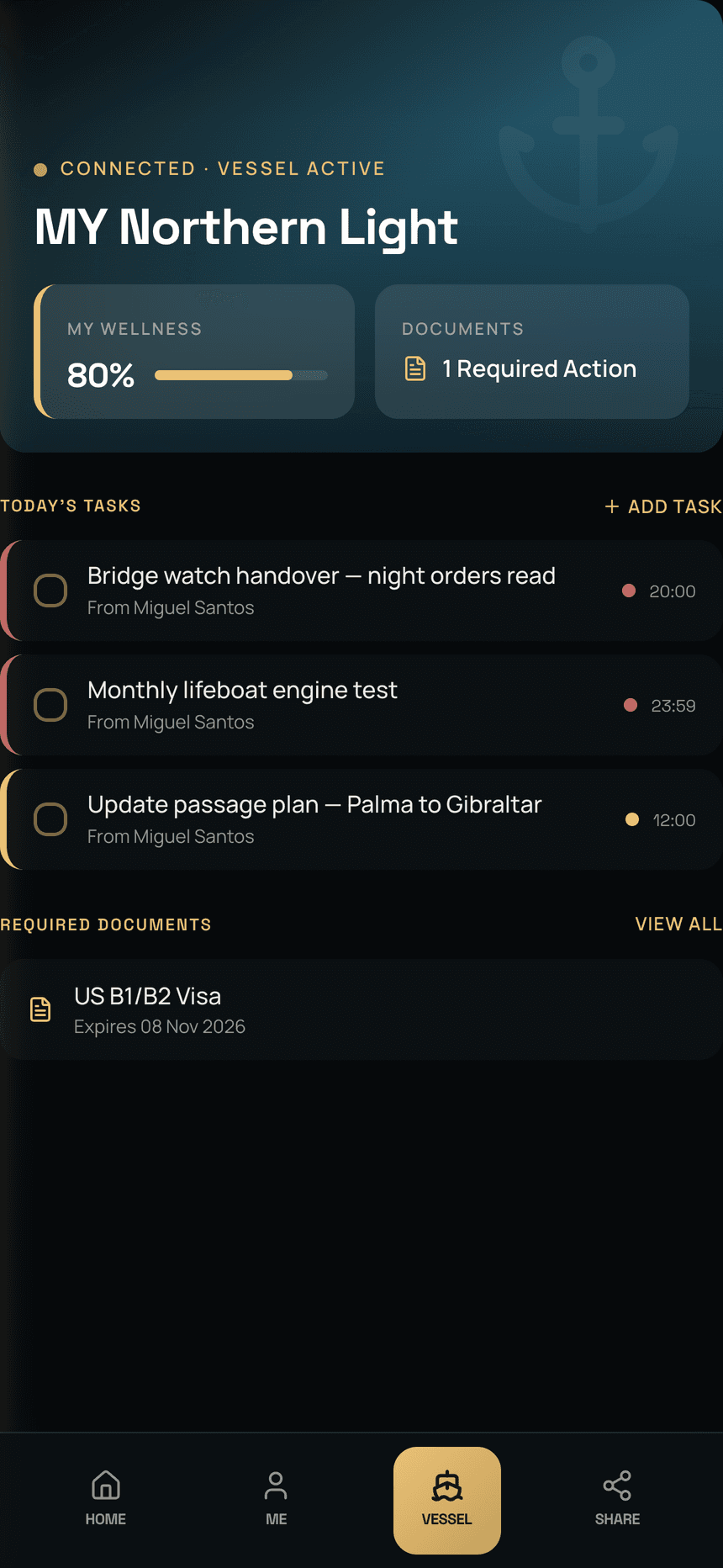 TouchBase Vessel screen: connected to the vessel, today's tasks and required documents
